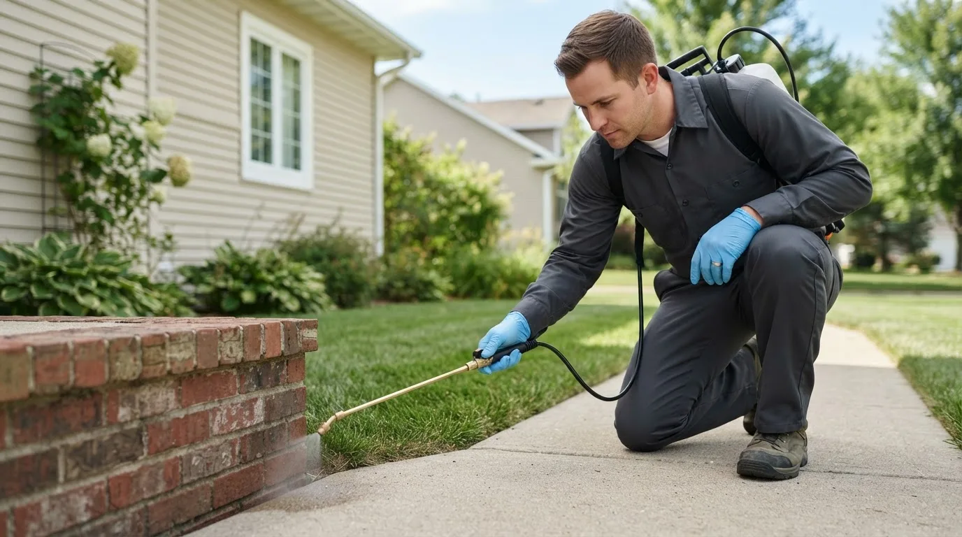 Pest control technician treating a home near Long Island, VA